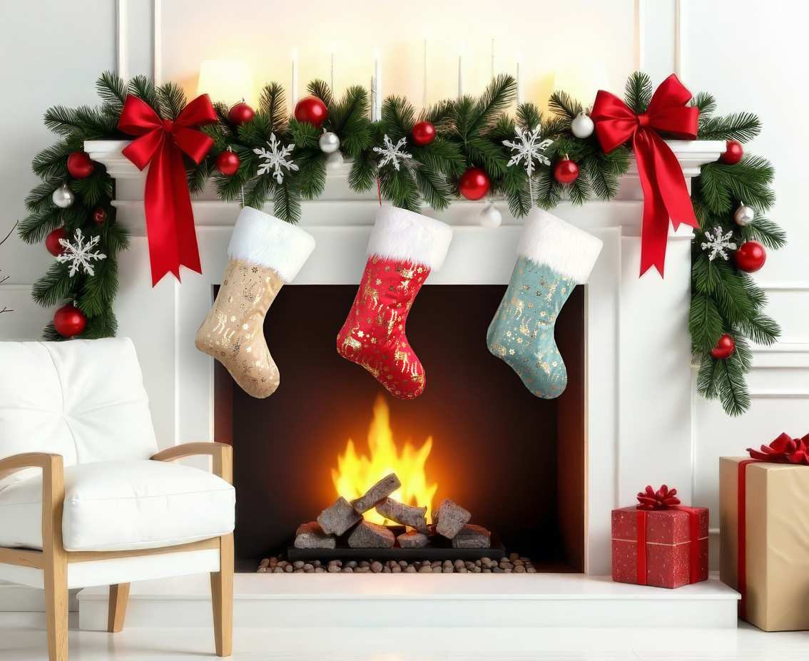 Christmas sock, frosty blue, with golden reindeer, 49x22 cm